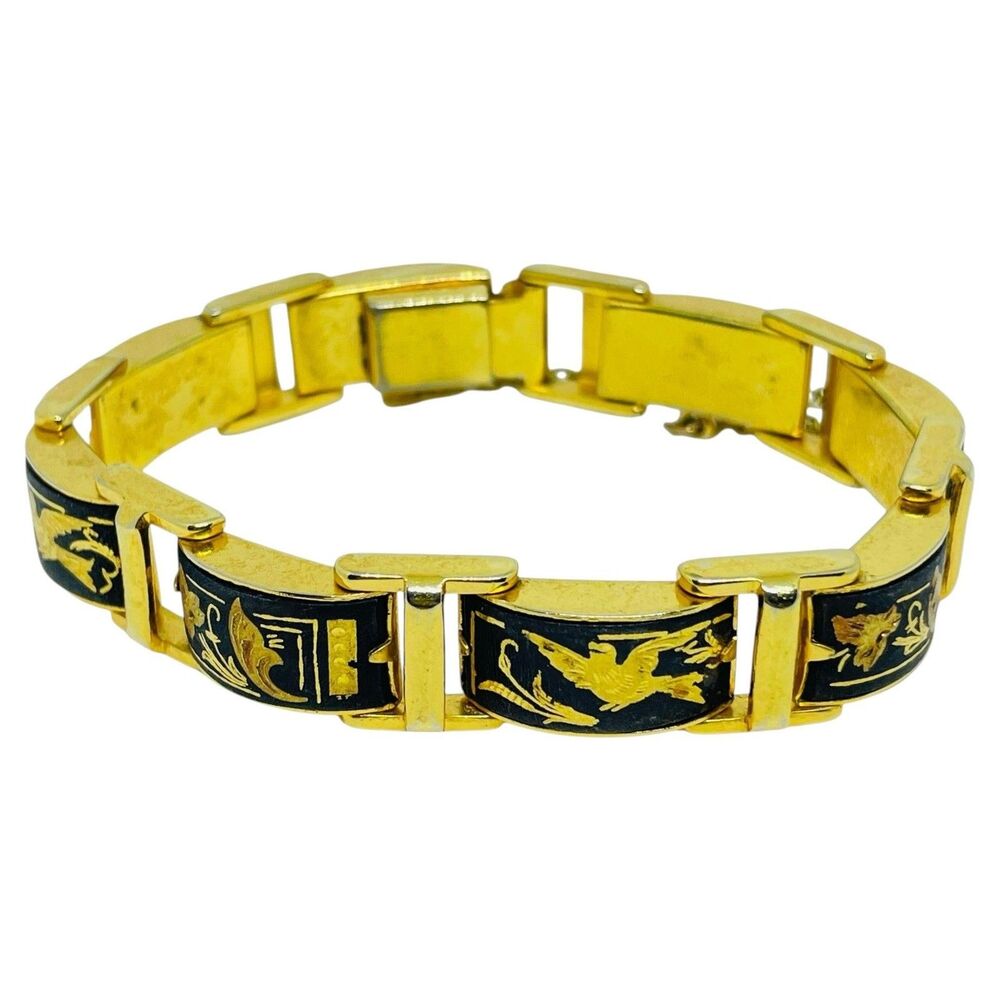 Vintage SPAIN damascene gold plated enamel designer link bracelet